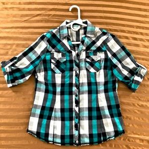 Turquoise Black Plaid Button Shirt
